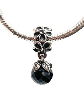 Pandora Garden Odyssey Black Spinel Floral Dangle Charm Sterling Silver 925